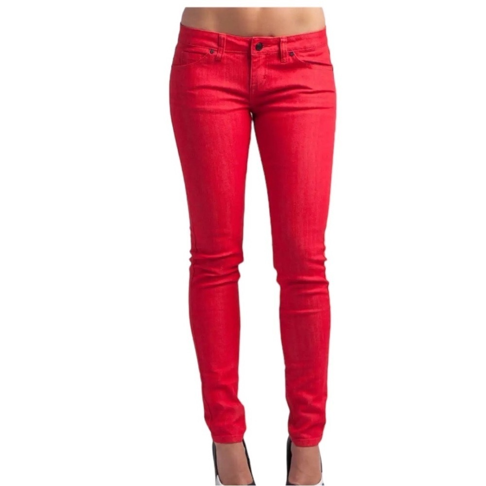 METAL MULISHA red low rise moto skinny jeans